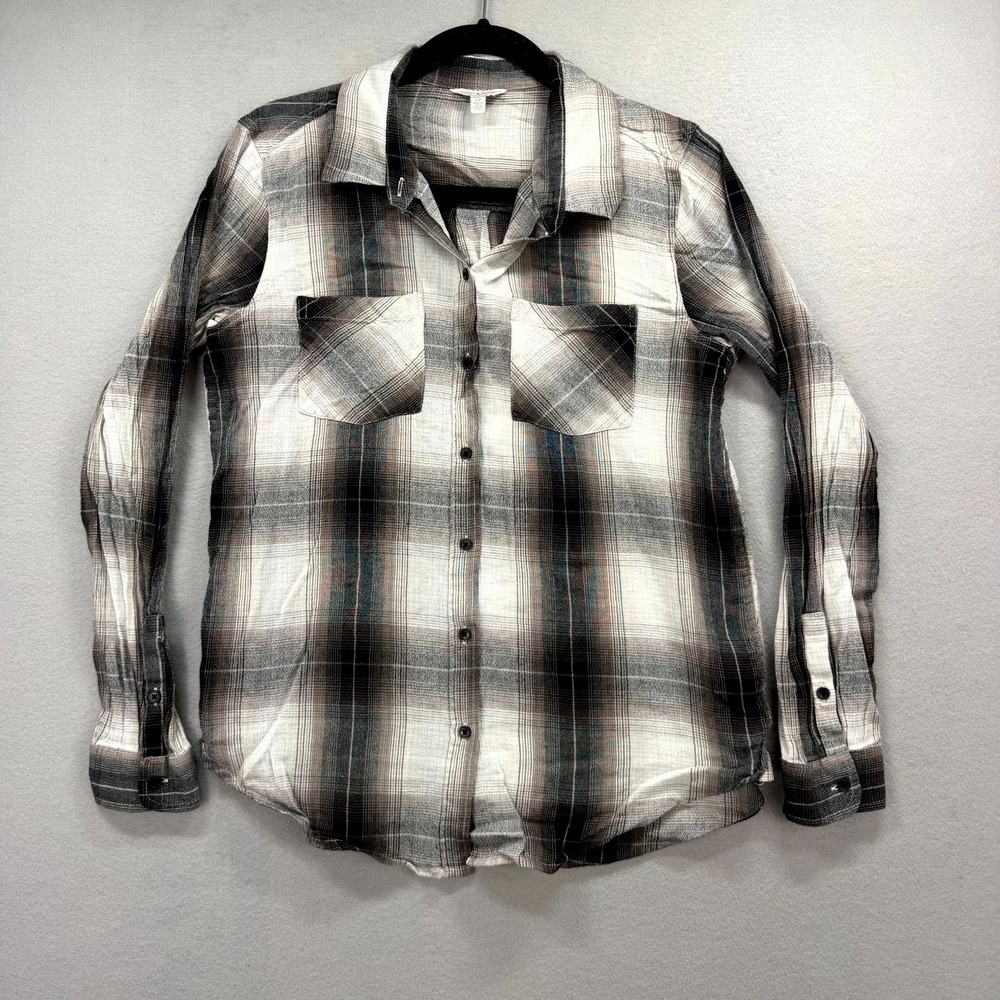 Lucky Brand Flannel Shirt‎ Top Womens Small White Black Plaid Classic Button Up